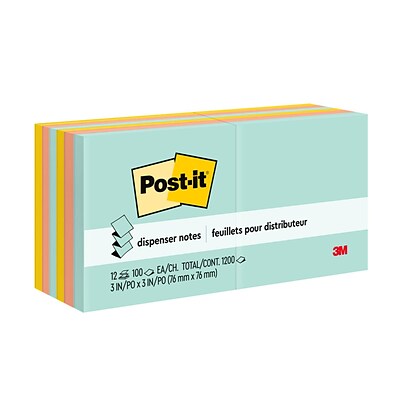 Post-it® Pop-Up Dispenser Notes, 3 x 3, Beachside Café Collection, 100 Sheets/Pad, 12 Pads/Pack (R330-12AP)