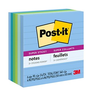 Post-it® Recycled Super Sticky Notes, 4 x 4, Oasis Collection, Lined, 90 Sheets/Pad, 6 Pads/Pack (