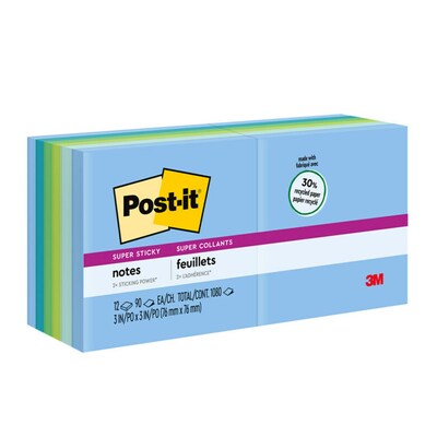 Post-it® Recycled Super Sticky Notes, 3 x 3, Oasis Collection, 90 Sheets/Pad, 12 Pads/Pack (654-12