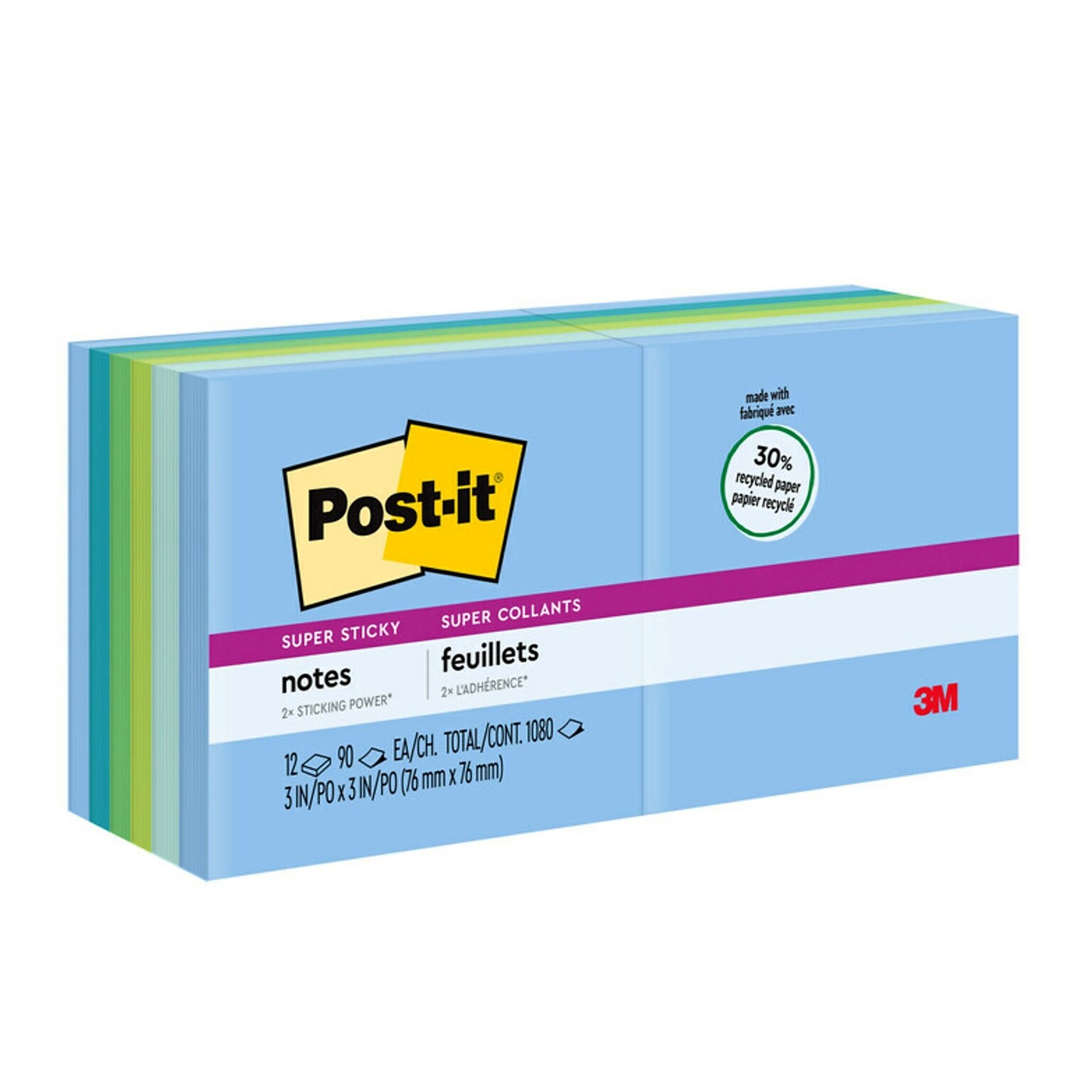 Post-it® Recycled Super Sticky Notes, 3 x 3, Oasis Collection, 90 Sheets/Pad, 12 Pads/Pack (654-12SST)
