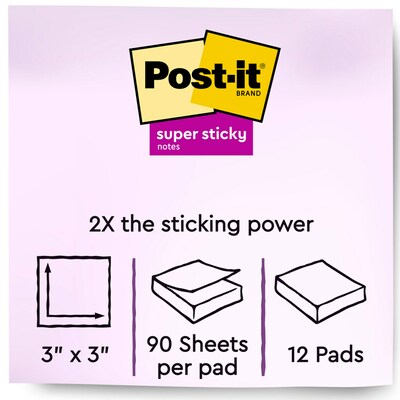 Post-it® Recycled Super Sticky Notes, 3 x 3, Oasis Collection, 90 Sheets/Pad, 12 Pads/Pack (654-12