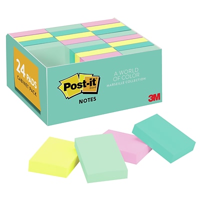 Post-it® Notes, 1 3/8 x 1 7/8, Beachside Café Collection, 100 Sheets/Pad, 24 Pads/Pack (653-24APVAD)