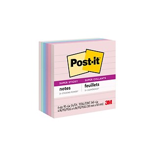 Post-it® Recycled Super Sticky Notes, 4 x 4, Wanderlust Pastels Collection, Lined, 90 Sheets/Pad,