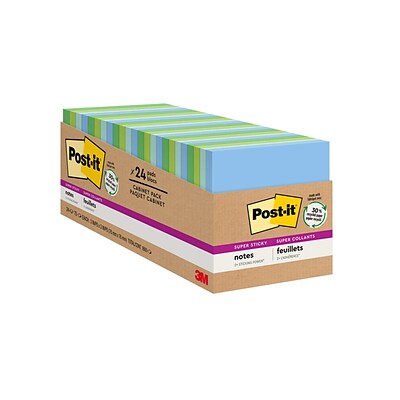 Post-it® Recycled Super Sticky Notes, 3 x 3, Oasis Collection, 70 Sheets/Pad, 24 Pads/Pack (654-24SST-CP)