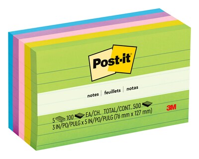 Post-it Notes, 3 x 5, Floral Fantasy Collection, Lined, 100 Sheets/Pad, 5 Pads/Pack (635-5AU)
