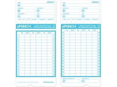 uPunch Pay-to-Punch Time Card for SB1200 Time Clock, 100/Pack (SBTCB1100)