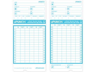 uPunch Pay-to-Punch Time Card for SB1200 Time Clock, 100/Pack (SBTCB1100)