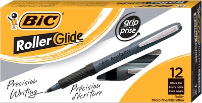 BIC Grip Roller Rollerball Pens, Micro Point, Black Ink, Dozen (31196/GREM11)