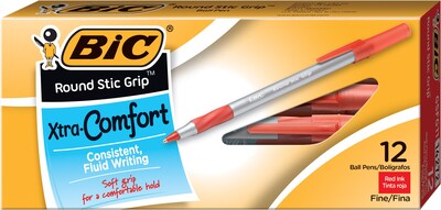 BIC Round Stic Grip Xtra Comfort Ballpoint Pens, Fine Point, Red Ink, Dozen (14272)