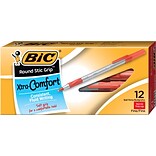 BIC Round Stic Grip Xtra Comfort Ballpoint Pens, Fine Point, Red Ink, Dozen (14272)