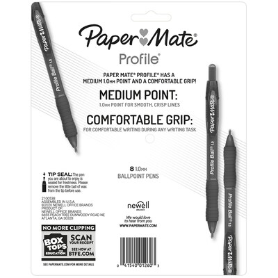 Paper Mate Ballpoint Pen, Profile Retractable Pen, Medium Point, Assorted Ink, 8 Count (2097014)