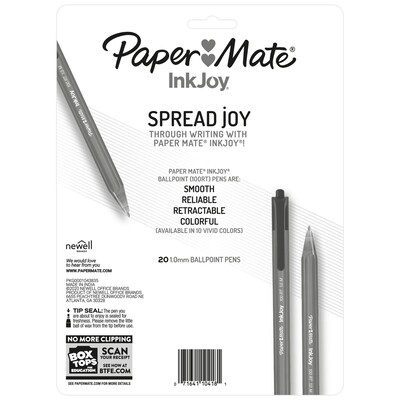 Paper Mate InkJoy 100 RT Retractable Ballpoint Pen, Medium Point, Black Ink, 20/Pack (1951395)