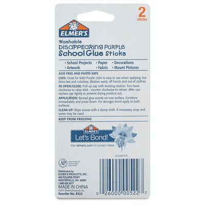 Elmer's School Washable Glue Sticks, 0.21 oz., Purple, 2/Pack (E522)