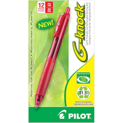 Pilot G-Knock BeGreen Retractable Gel Pens, Fine Point, Red Ink, Dozen (31508)