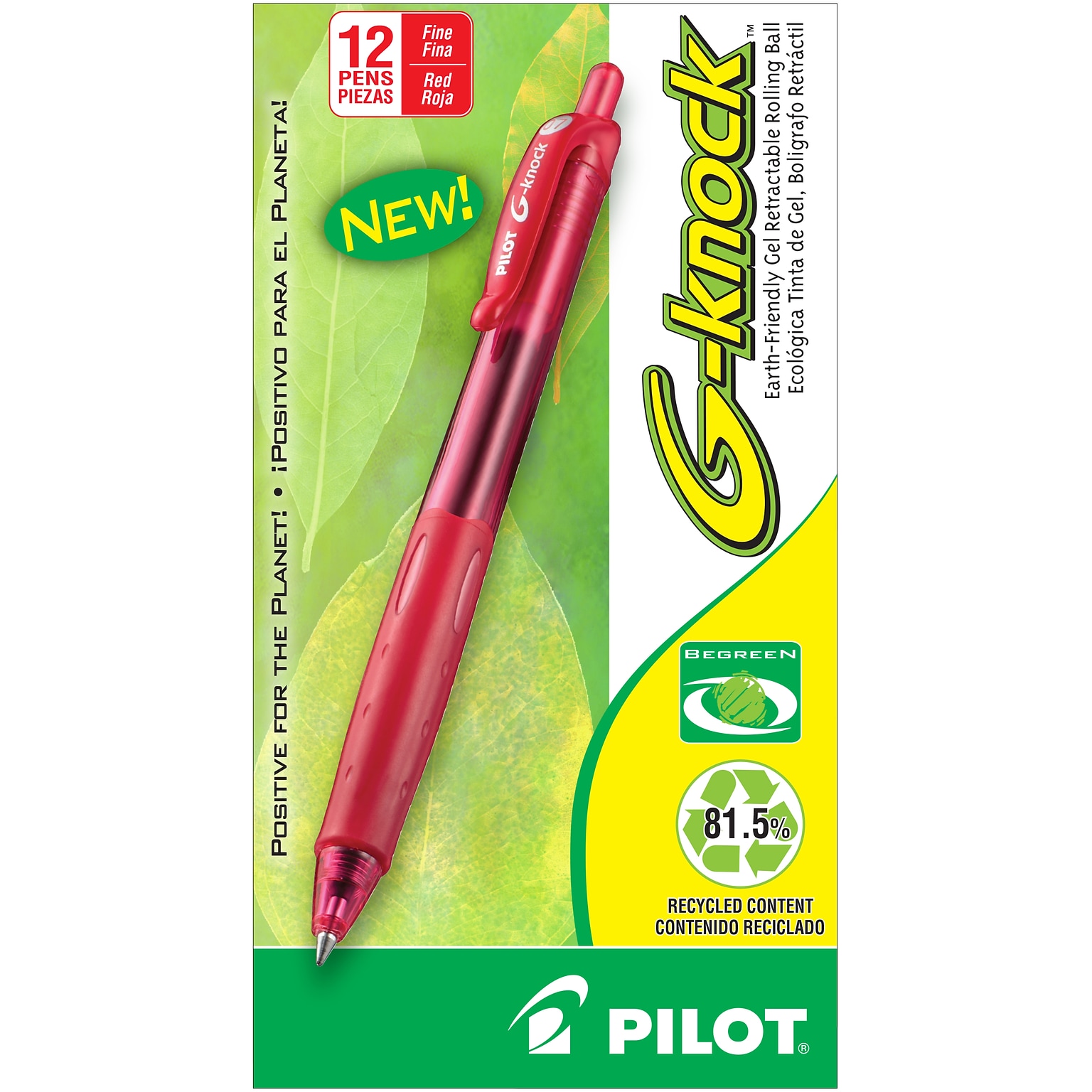 Pilot G-Knock BeGreen Retractable Gel Pens, Fine Point, Red Ink, Dozen (31508)