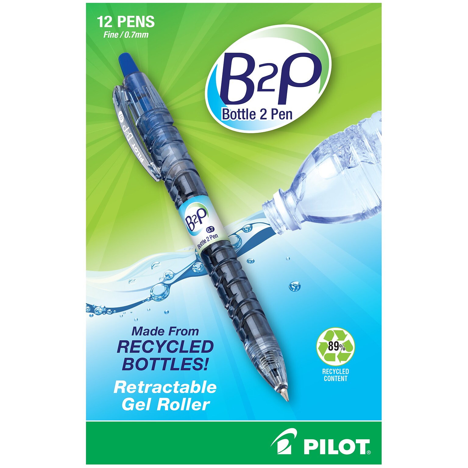 Pilot B2P Bottle 2 Pen Retractable Gel Pens, Fine Point, Blue Ink, Dozen (31601)