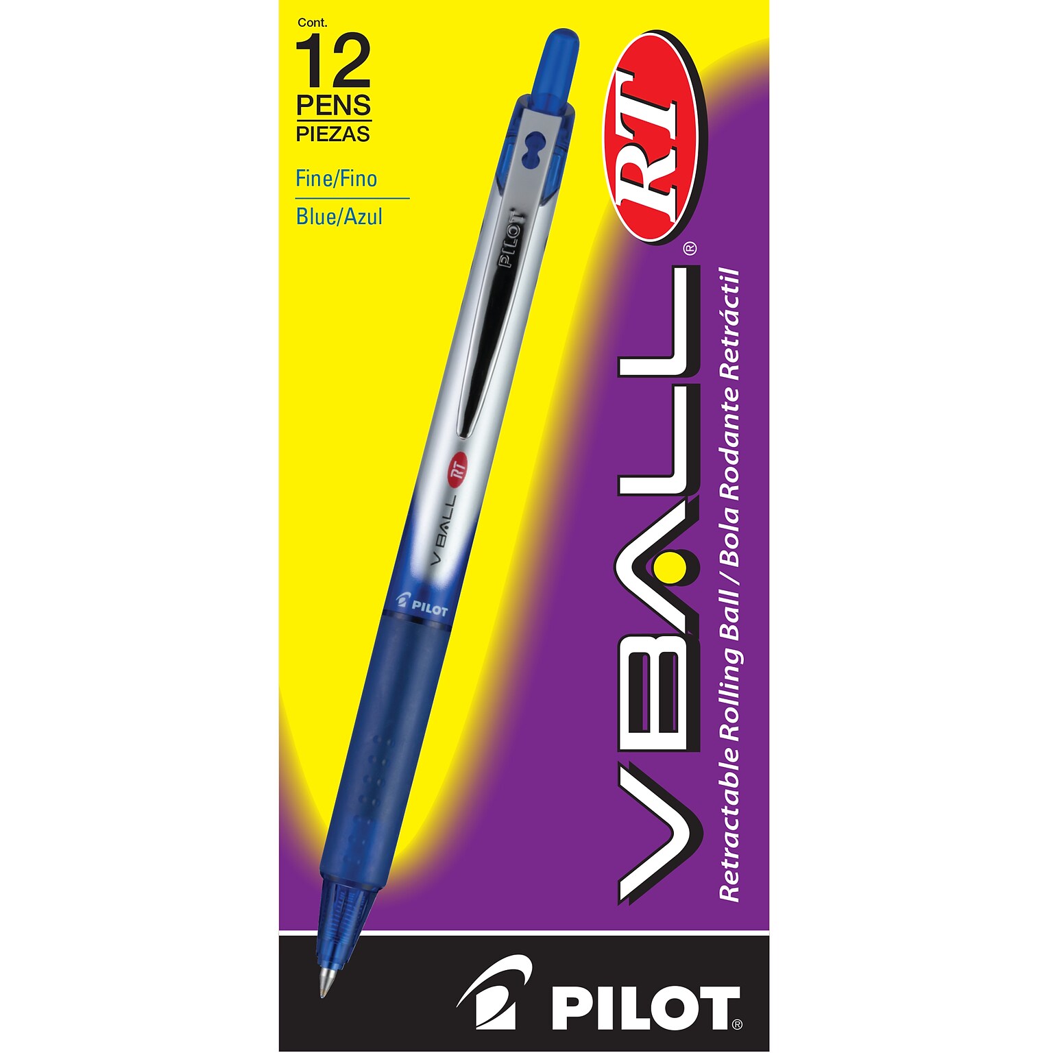 Pilot VBall RT Retractable Rollerball Pens, Fine Point, Blue Ink, Dozen (26207)