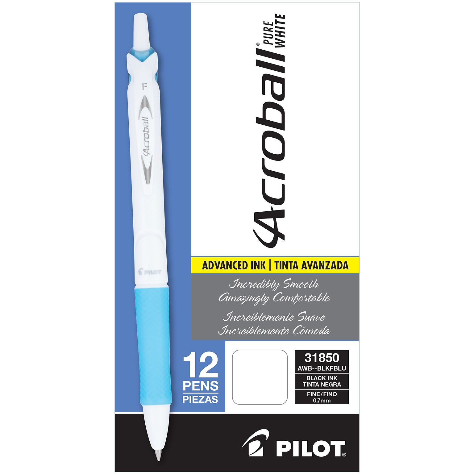 Pilot Acroball PureWhite Advanced Ink Retractable Ballpoint Pens, 0.7 mm, Fine Point, Black Ink, Dozen (31850)