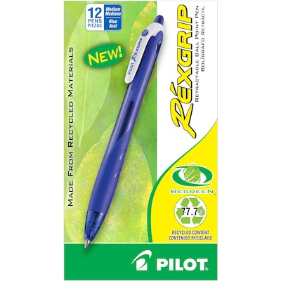 Pilot RexGrip BeGreen Retractable Ballpoint Pens, Medium Point, Blue Ink, Dozen (32371)