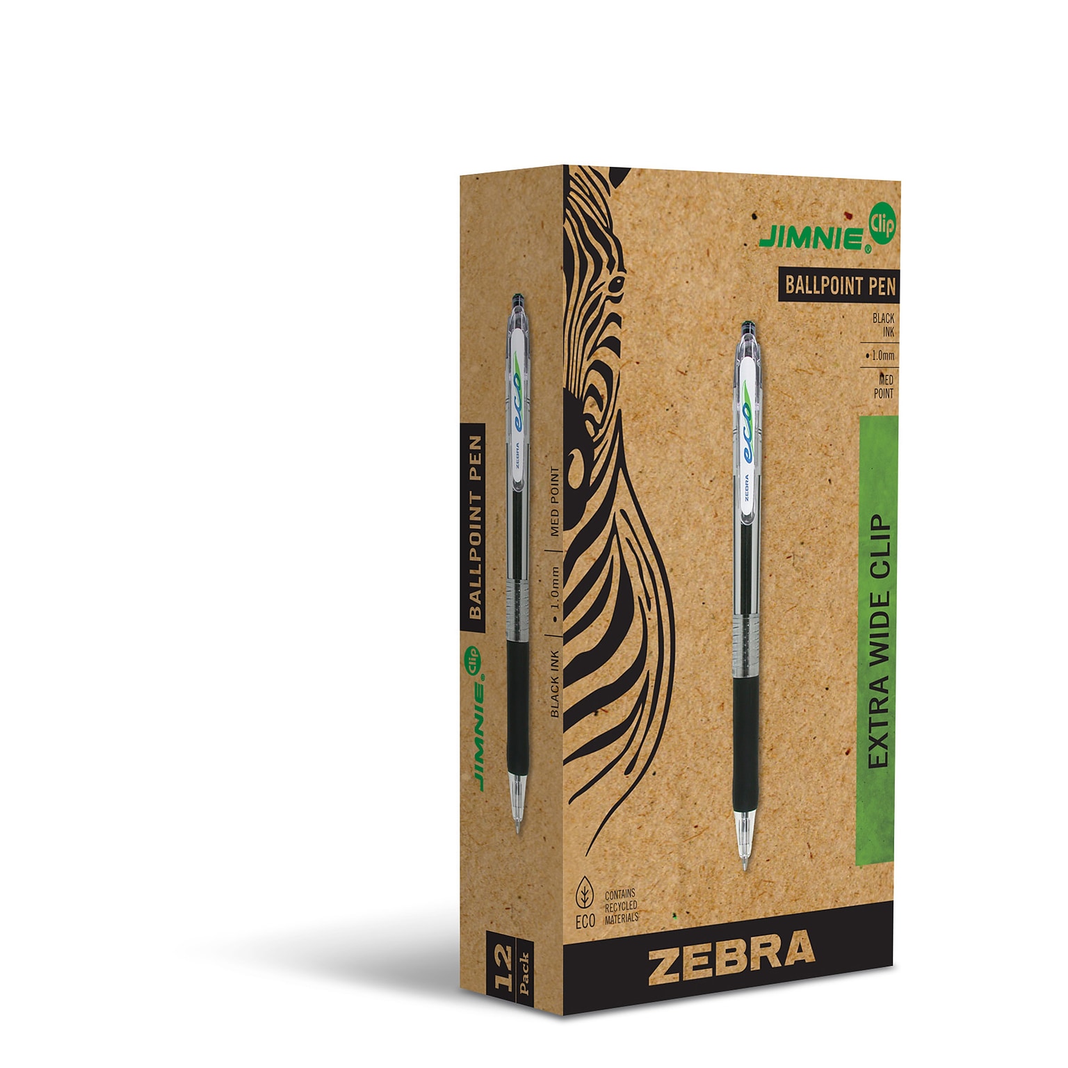 Zebra Jimnie Retractable Ballpoint Pen, Medium Point, 1.0mm, Black Ink, Dozen (22510)