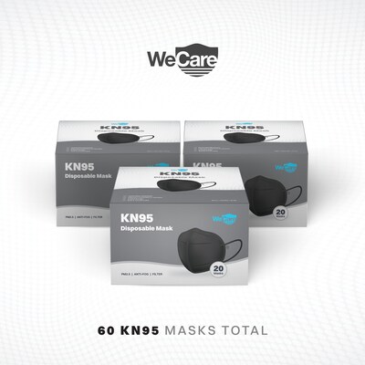 WeCare KN95 Disposable Face Mask, Adult, Black, 20 Masks/Box, 3 Boxes/Pack (TBN202934)
