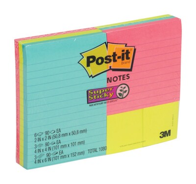 Post-it® Super Sticky Notes Combo Pack, Assorted Sizes, Miami Collection, 90 Sheets/Pad, 12 Pads/Pack (4642-12SSMIA)