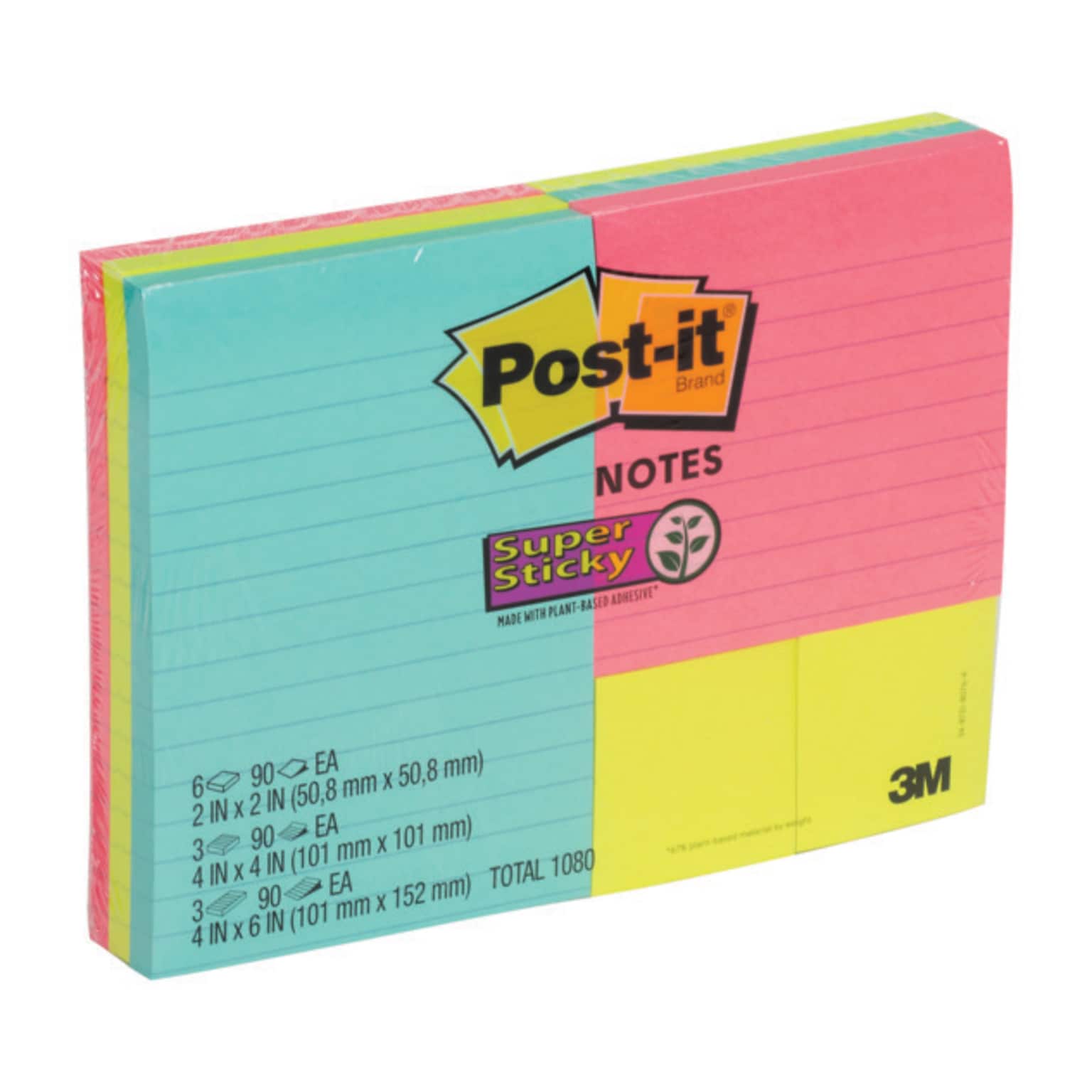Post-it Super Sticky Notes Combo Pack, Assorted Sizes, Miami Collection, 90 Sheets/Pad, 12 Pads/Pack (4642-12SSMIA)
