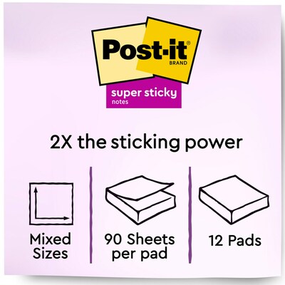 Post-it® Super Sticky Notes Combo Pack, Assorted Sizes, Miami Collection, 90 Sheets/Pad, 12 Pads/Pack (4642-12SSMIA)