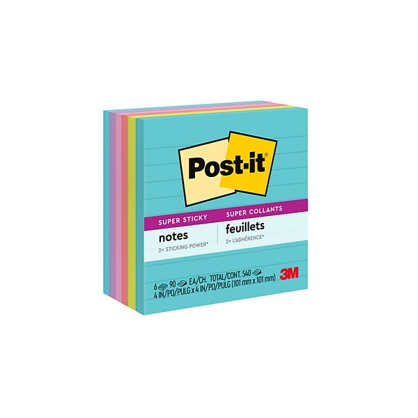 Post-it® Super Sticky Notes, 4 x 4, Supernova Neons, Lined, 90 Sheets/Pad, 6 Pads/Pack (675-6SSMIA)