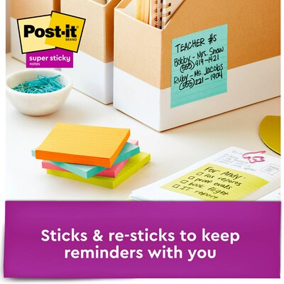 Post-it Super Sticky Notes, 4" x 4", Supernova Neons, Lined, 90 Sheets/Pad, 6 Pads/Pack (675-6SSMIA)