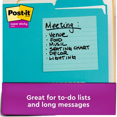 Post-it Super Sticky Notes, 4" x 4", Supernova Neons, Lined, 90 Sheets/Pad, 6 Pads/Pack (675-6SSMIA)