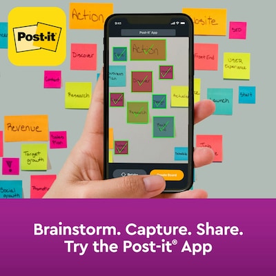 Post-it Super Sticky Notes, 4" x 4", Supernova Neons, Lined, 90 Sheets/Pad, 6 Pads/Pack (675-6SSMIA)