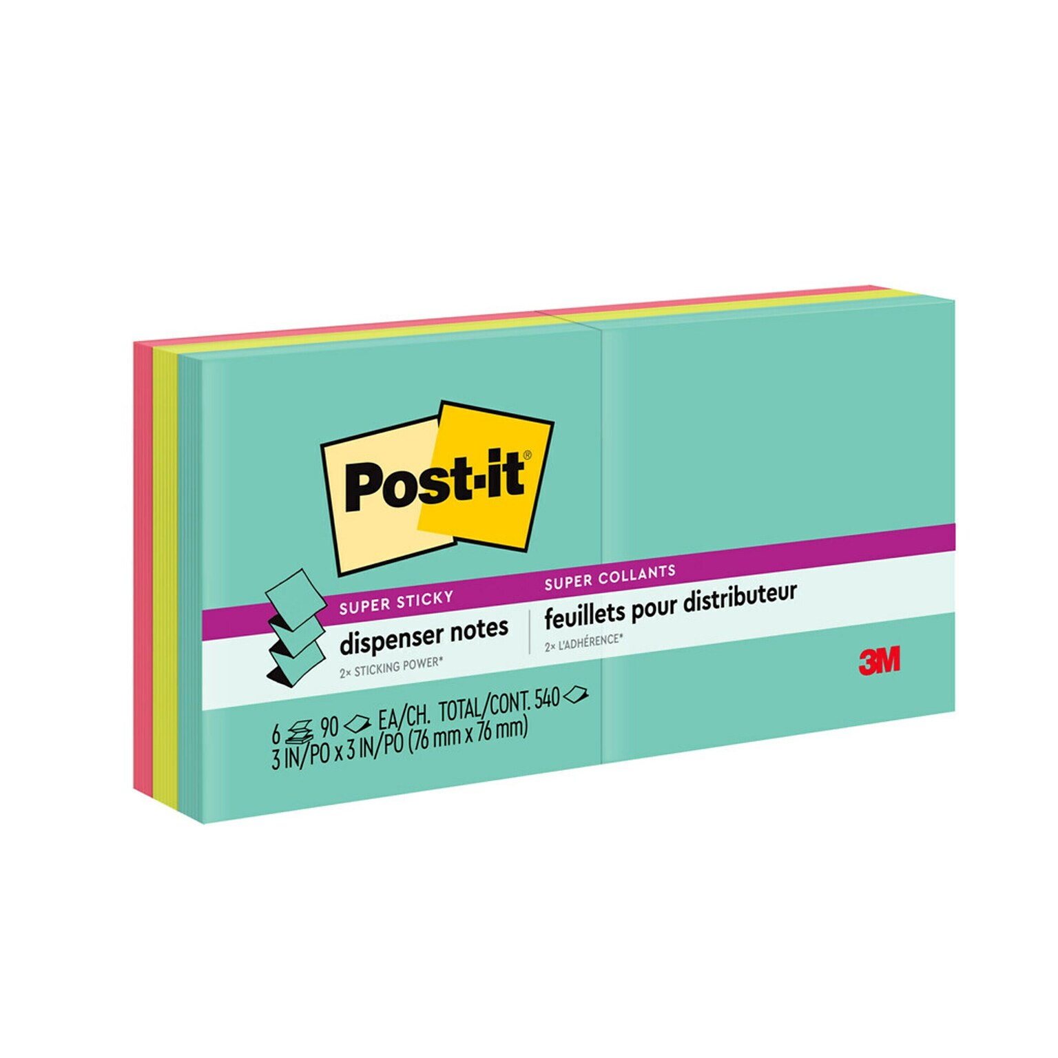 Post-it® Super Sticky Pop-up Notes, 3 x 3, Supernova Neons, 90 Sheets/Pad, 6 Pads/Pack (R330-6SSMIA)