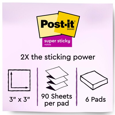Post-it® Super Sticky Pop-up Notes, 3" x 3", Supernova Neons, 90 Sheets/Pad, 6 Pads/Pack (R330-6SSMIA)