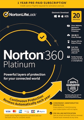 Norton 360 Platinum for 20 Devices, Windows/Mac/Android/iOS, Download (21390621)