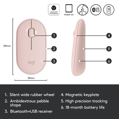 Logitech Pebble M350 Wireless Ambidextrous Optical USB Mouse, Rose (910-005769)