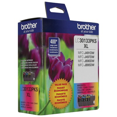 Brother LC30133PKS Cyan/Magenta/Yellow High Yield Ink Cartridge, 3/Pack