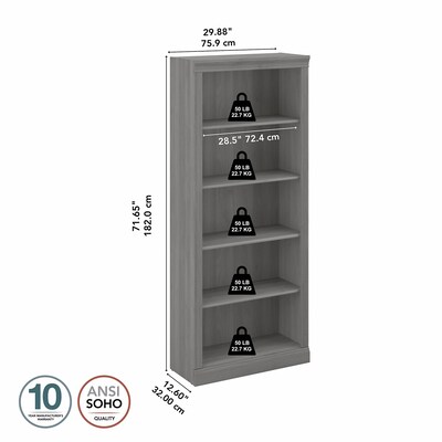 Bush Furniture Saratoga 72"H 5-Shelf Bookcase with Adjustable Shelves, Modern Gray Laminate (W1655C-03)