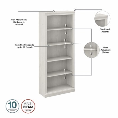 Bush Furniture Saratoga 72"H 5-Shelf Bookcase with Adjustable Shelves, Linen White Oak Laminate, 2/Set (SAR008LW)