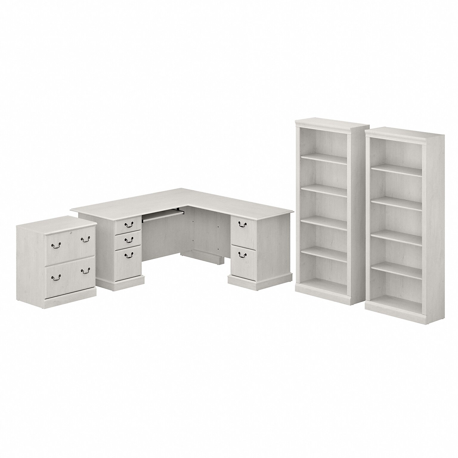Bush Furniture Saratoga 66W L Shaped Computer Desk with File Cabinet and Bookcase Set, Linen White Oak (SAR002LW)