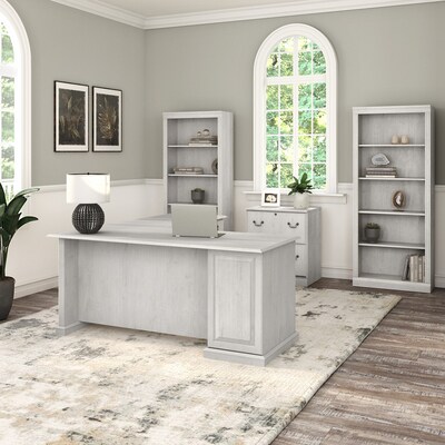 Bush Furniture Saratoga 66W L Shaped Computer Desk with File Cabinet and Bookcase Set, Linen White