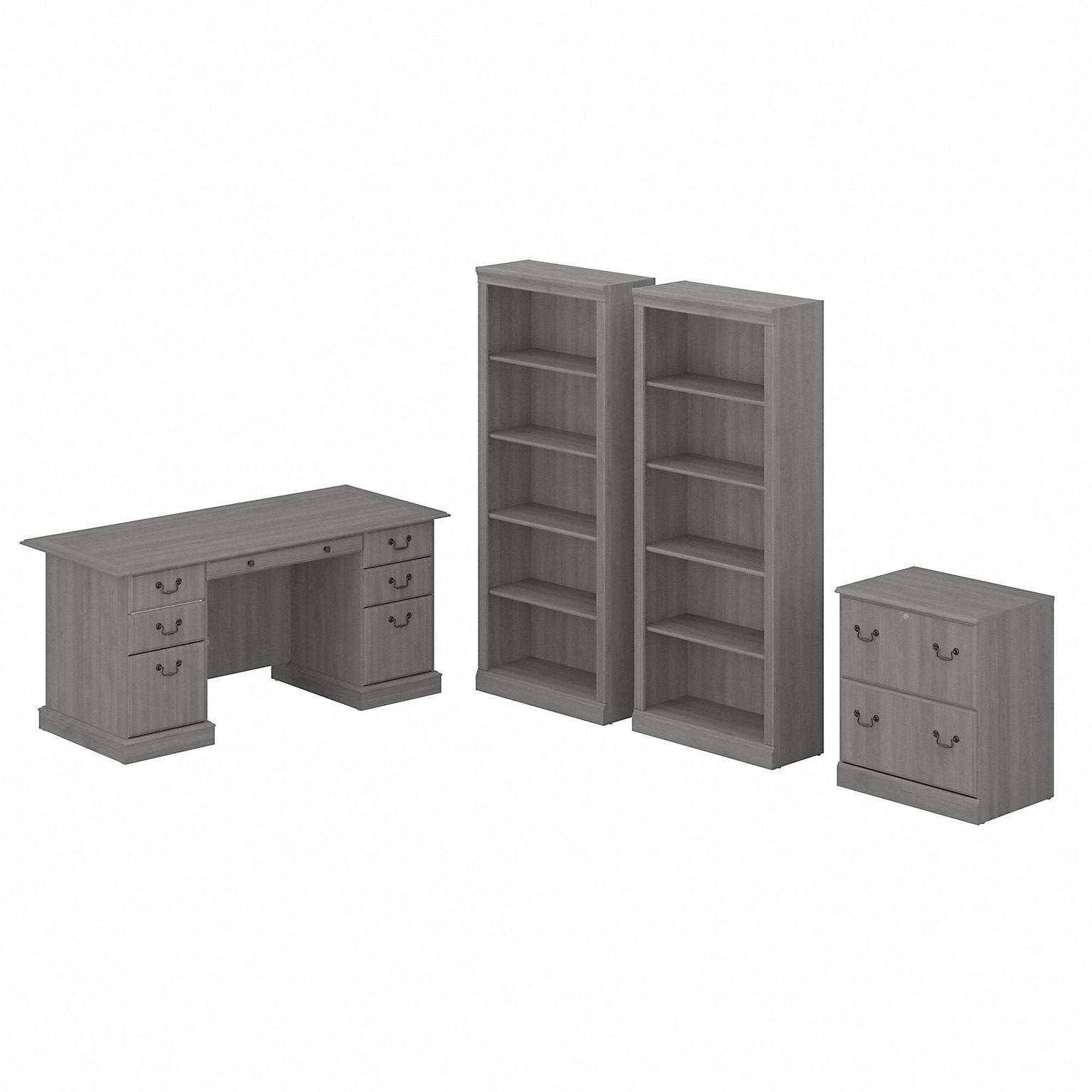 Bush Furniture Saratoga 66W Executive Desk with File Cabinet and Bookcase Set, Modern Gray (SAR001MG)