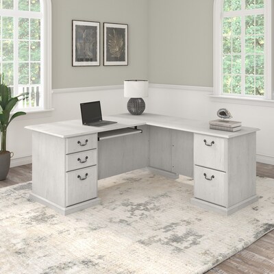 Bush Furniture Saratoga 66"W L Shaped Computer Desk with Drawers, Linen White Oak (EX45770-03K)