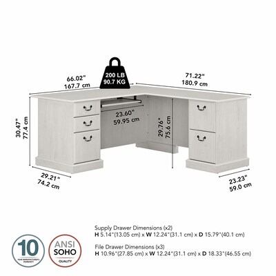 Bush Furniture Saratoga 66"W L Shaped Computer Desk with Drawers, Linen White Oak (EX45770-03K)