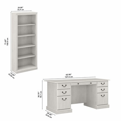 Bush Furniture Saratoga 66"W Executive Desk and Bookcase Set, Linen White Oak (SAR003LW)