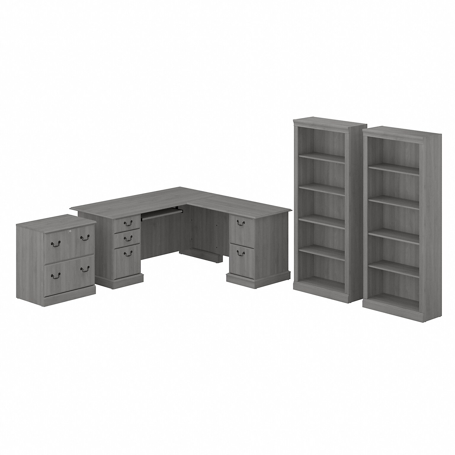 Bush Furniture Saratoga 66W L Shaped Computer Desk with File Cabinet and Bookcase Set, Modern Gray (SAR002MG)