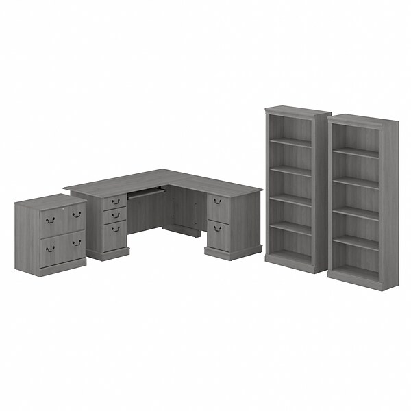 Bush Furniture Saratoga 66 L-Shaped Computer Desk with File Cabinet and Bookcase Set, Modern Gray (SAR002MG)