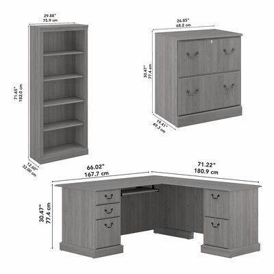 Bush Furniture Saratoga 66"W L Shaped Computer Desk with File Cabinet and Bookcase Set, Modern Gray (SAR002MG)