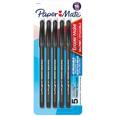 Paper Mate Eraser Mate Erasable Ballpoint Pen, Medium Point, Black Ink, 5/Pack (3163558PP)