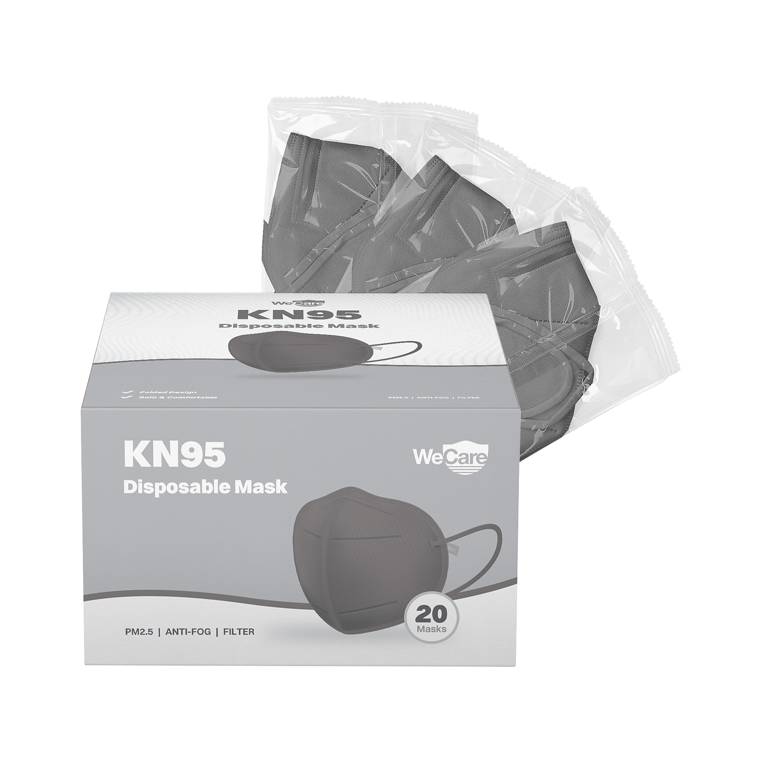 WeCare Disposable KN95 Face Mask, Adult, Dark Gray, 20/Pack (WCKN100)